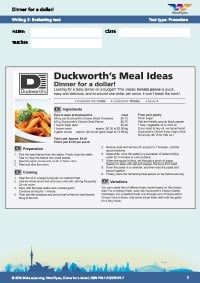 Worksheets Year 7: Dinner For Writing 3
